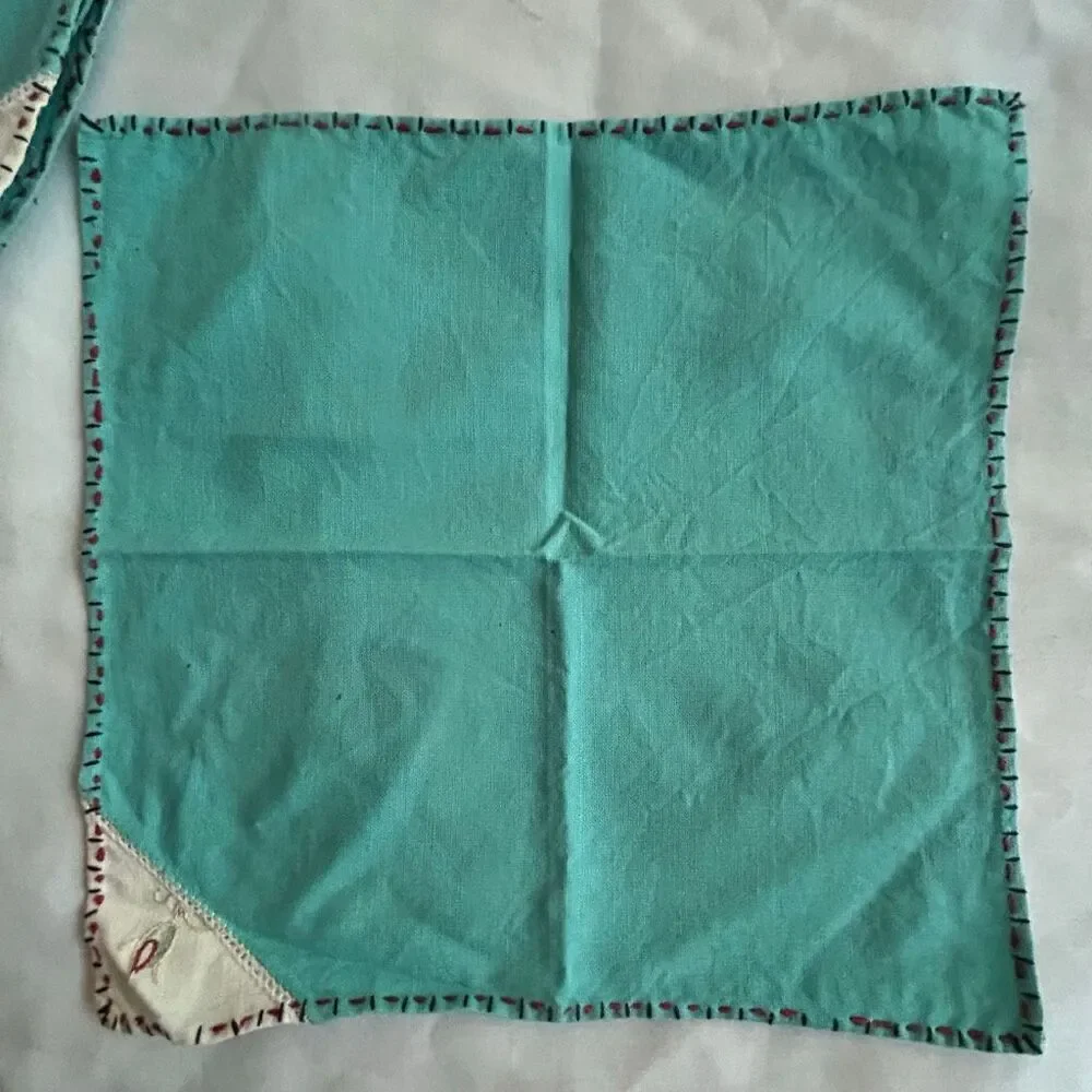 Set of 3 Vintage Handmade Turquoise Embroidered Napkins